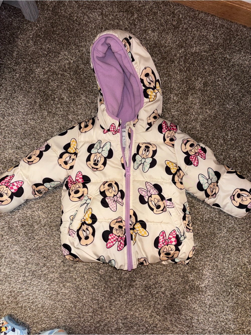 Girls Minnie Mouse Hooded Puffer Jacket in Cream and Lavender